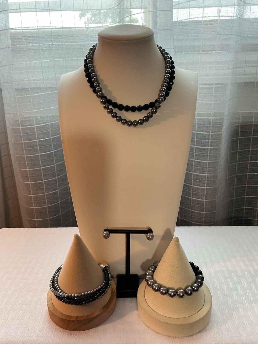 Napier Gray and Black Faux Pearl and Rhinestone Silver Tone Jewelry Set